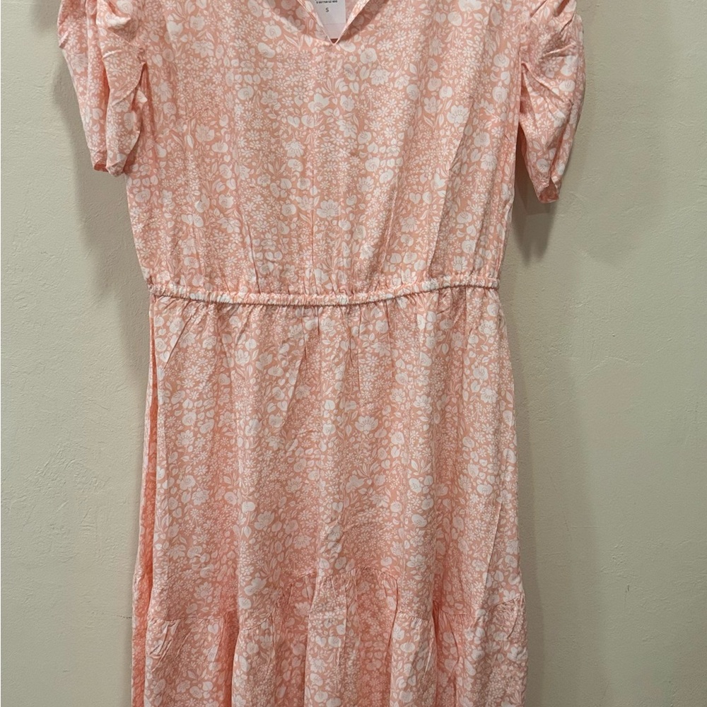 NWT Loft Peach/White Floral Midi Summer Dress Sz S Ruffle Bottom Puff Sleeves